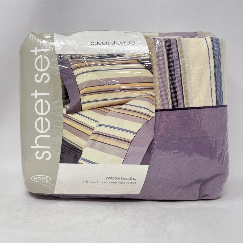 Target Queen Sheet Set Heather Plaid Collection Purple Stripe Percale 180 TC NEW